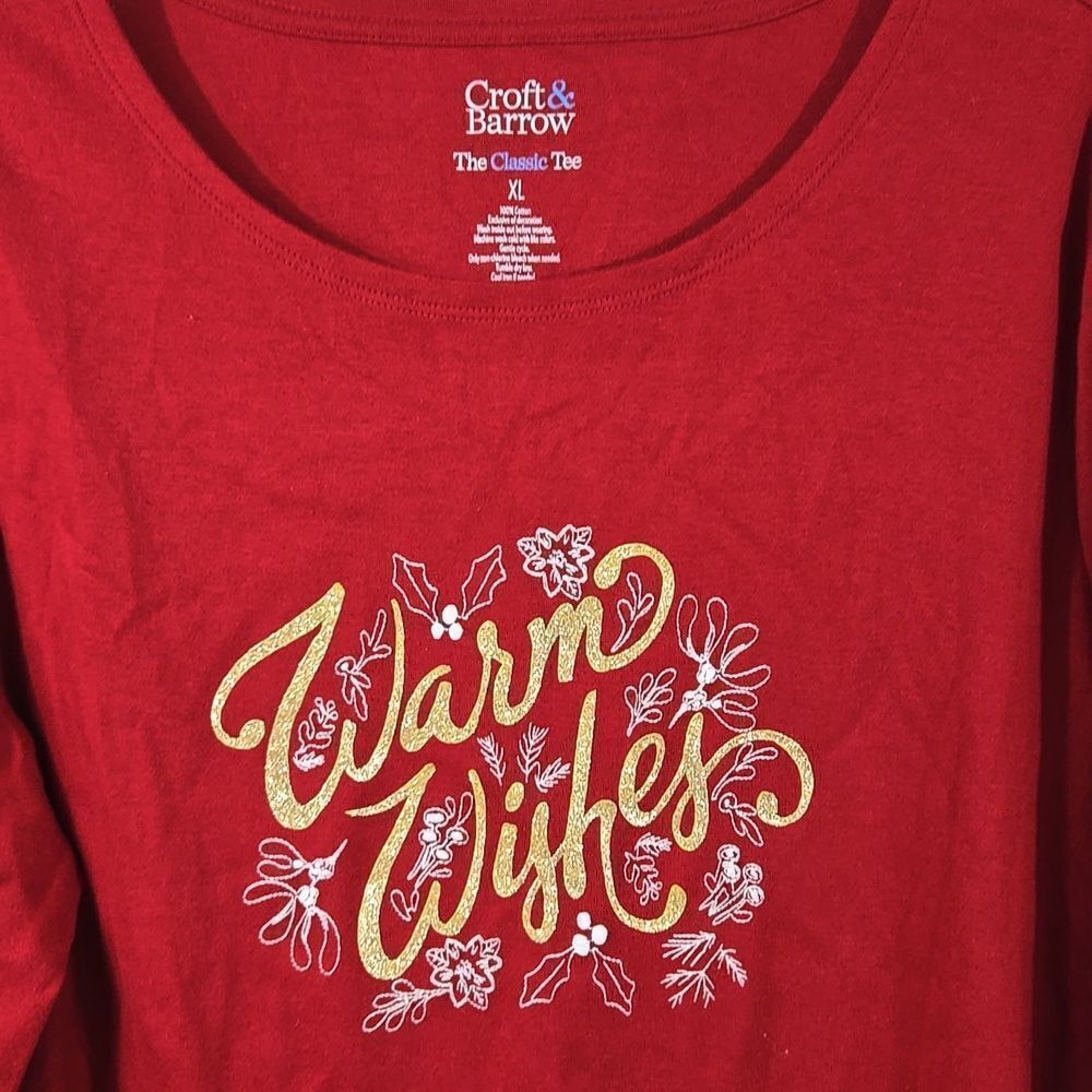 Women Christmas Long Sleeve T-shirt XL Festive Red Holiday Classic Tee Glitter